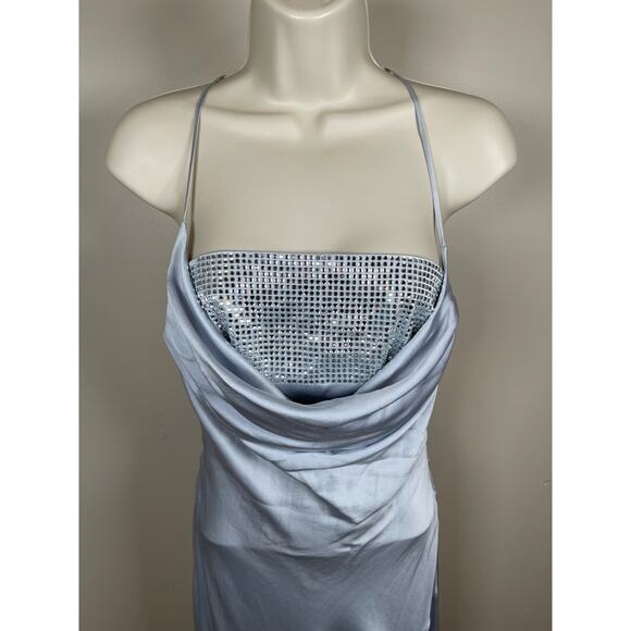 Retrofete Emery Crystal Embellished Silk Cowl Neck Dove Silver Maxi Dress Sz XS - Picture 4 of 8